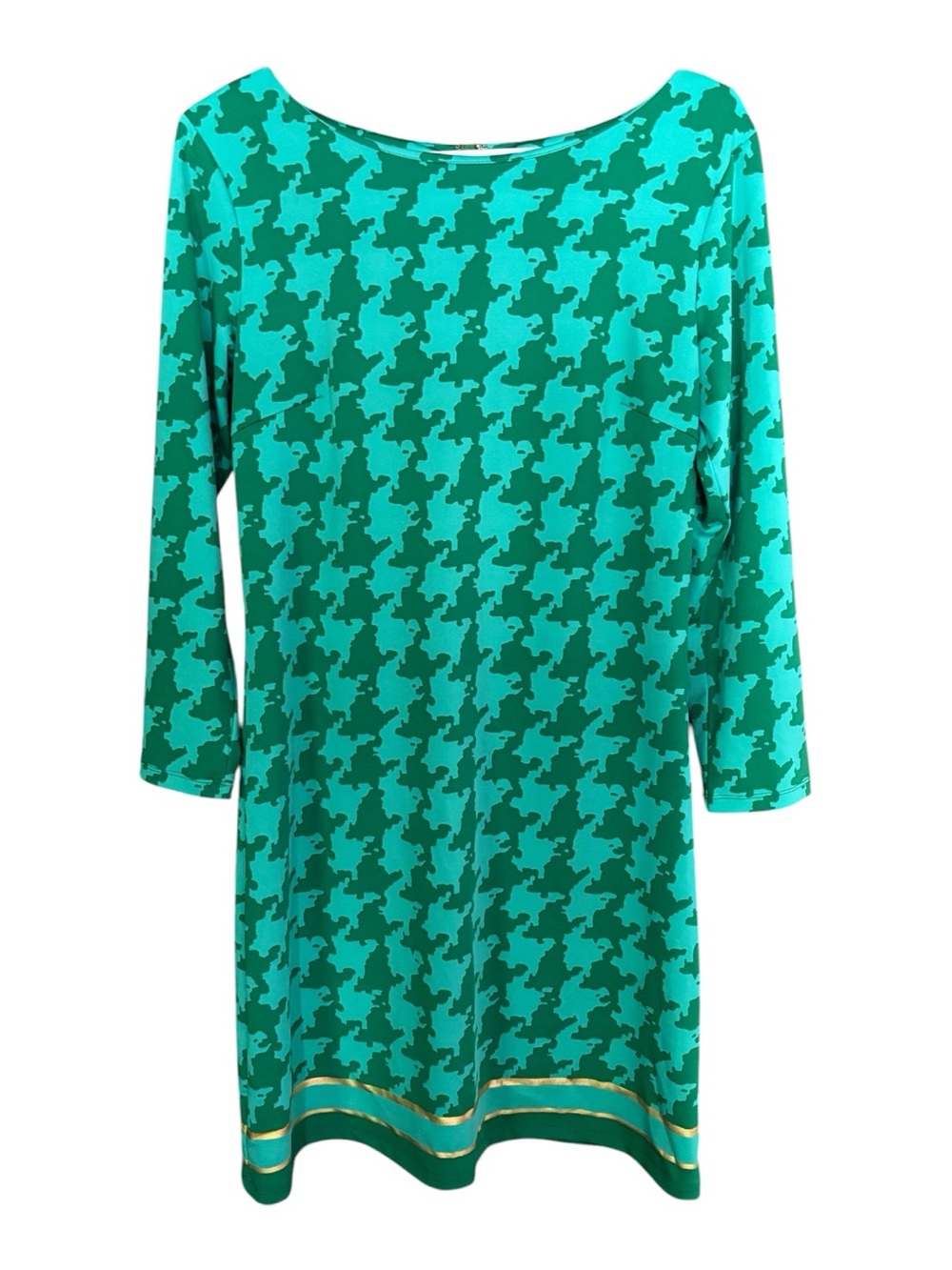 Julie Brown Teal & Emerald Houndstooth Long-Sleeve Shift Dress with Gold Stripe